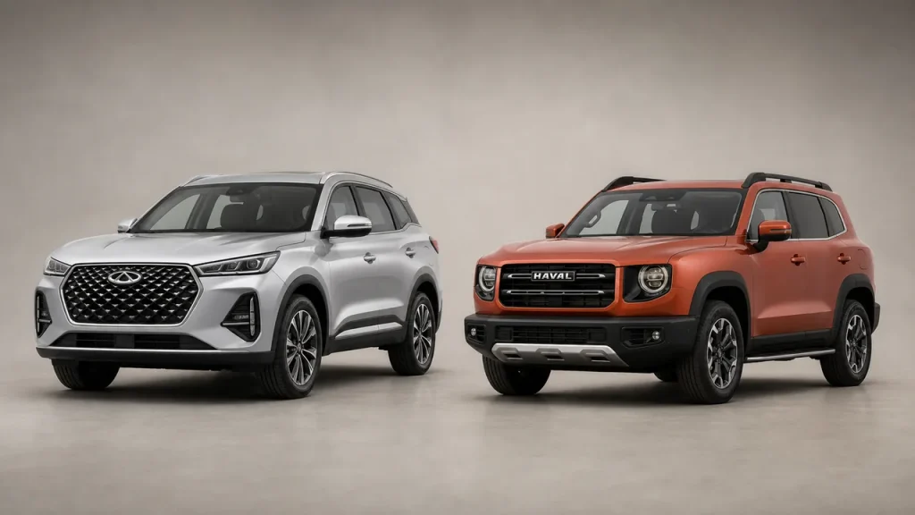Chery Tiggo 7L и Haval Dargo 2023 рядом на светлом студийном фоне