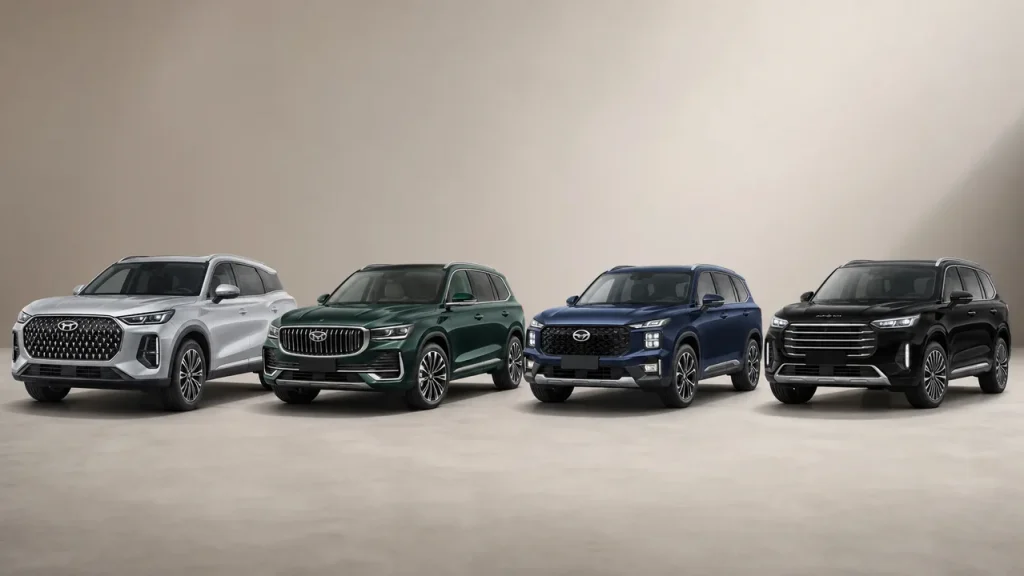 Chery Tiggo 9, Geely Monjaro, GAC GS8 и Exeed VX рядом на светлом студийном фоне